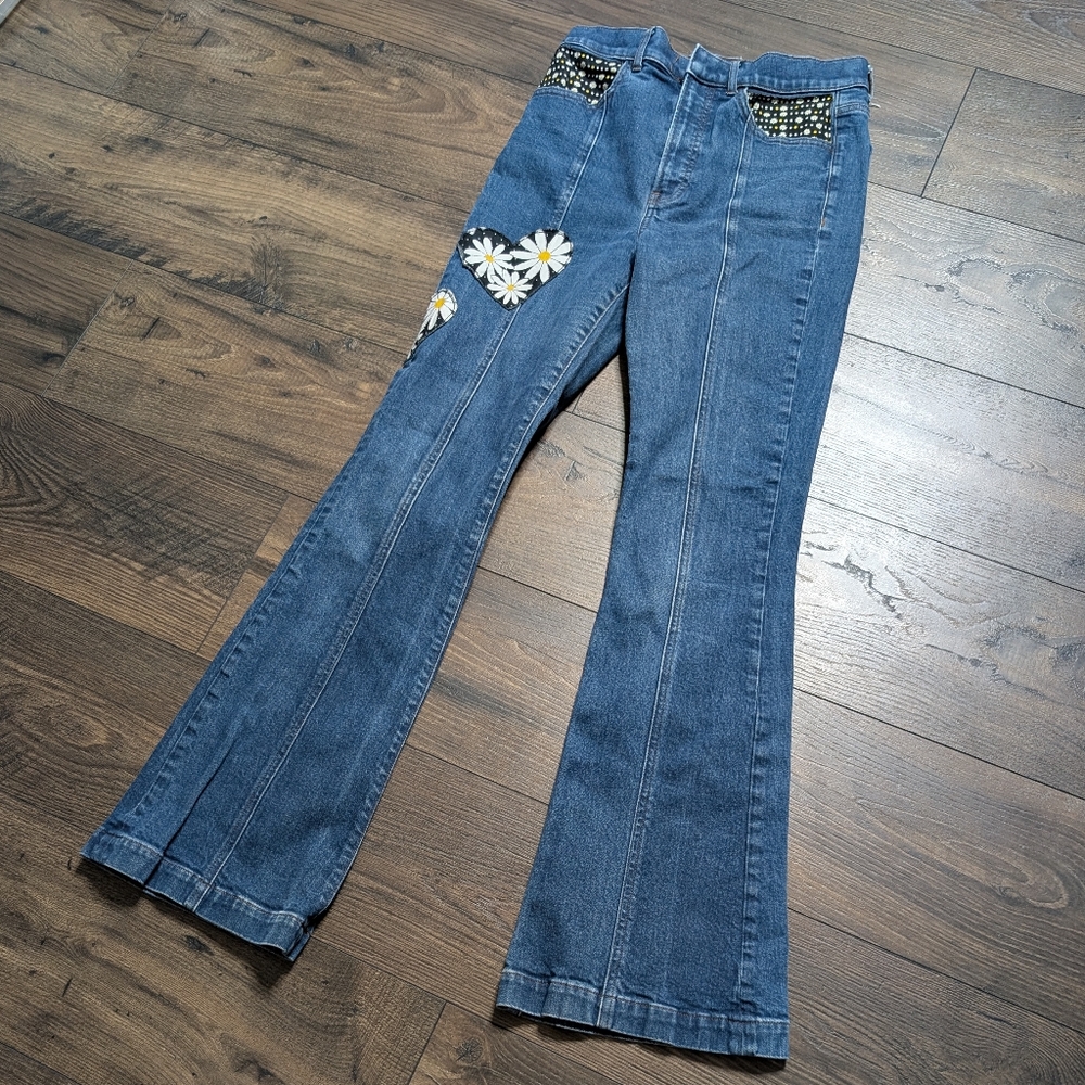 Express Flare Super High‎ Rise Jeans Daisy Patch Heart Flower Power Y2k Size 4R